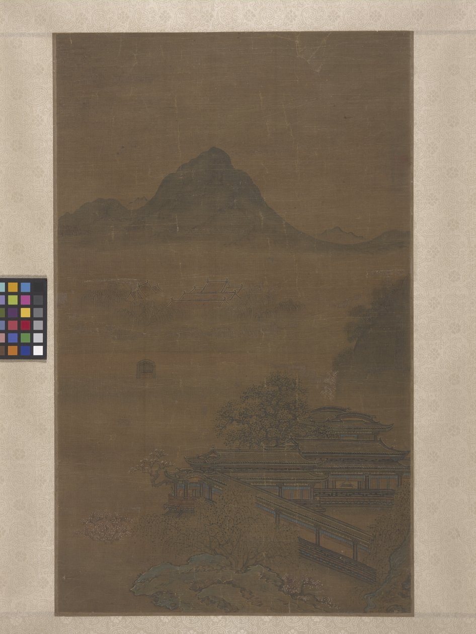 Palotai pavilonok tavaszi ködben (tinta, szín és arany selyemen) alkotó: Jiang Yuan