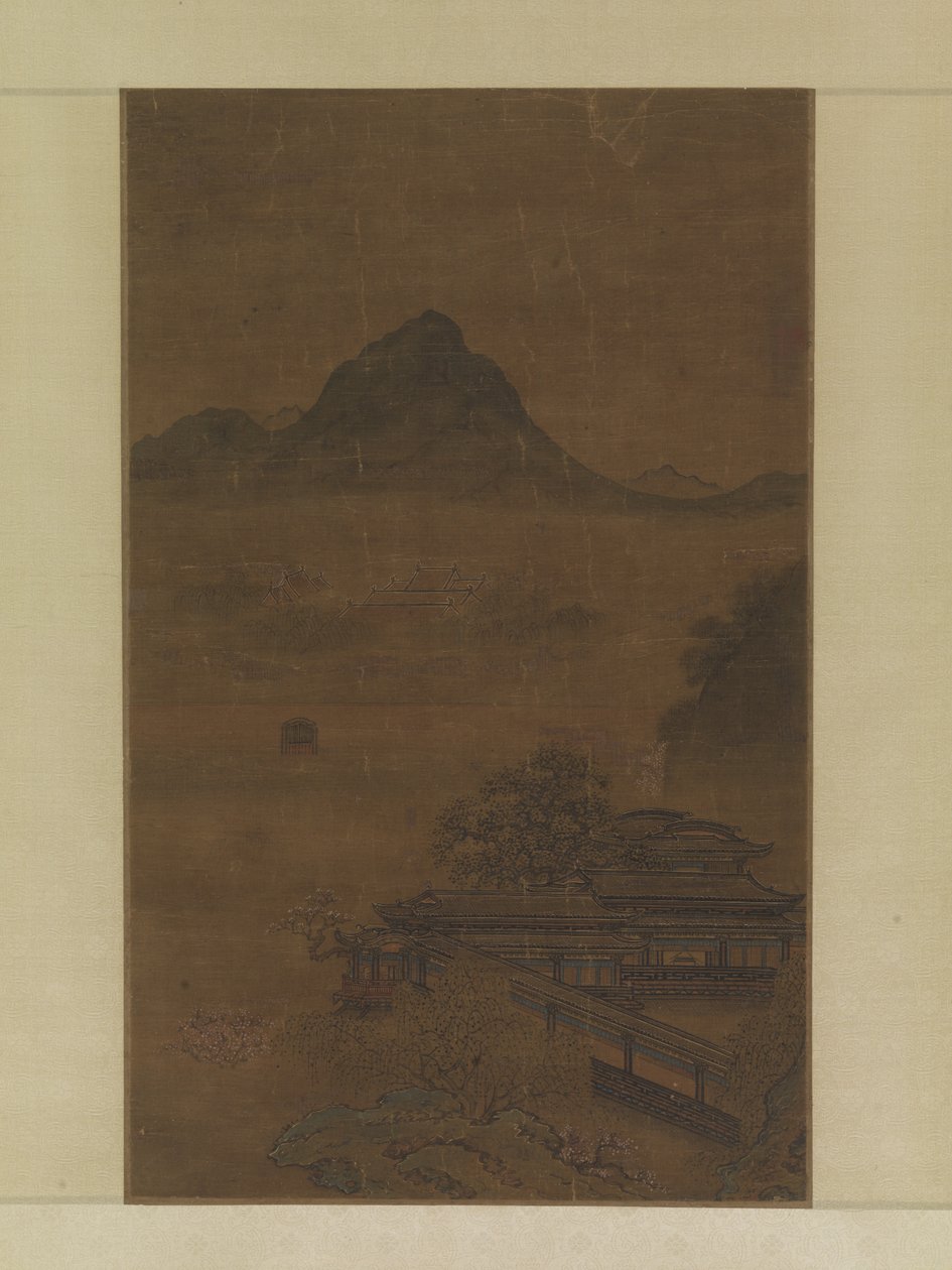 Palotai pavilonok tavaszi ködben (tinta, szín és arany selyemen) alkotó: Jiang Yuan