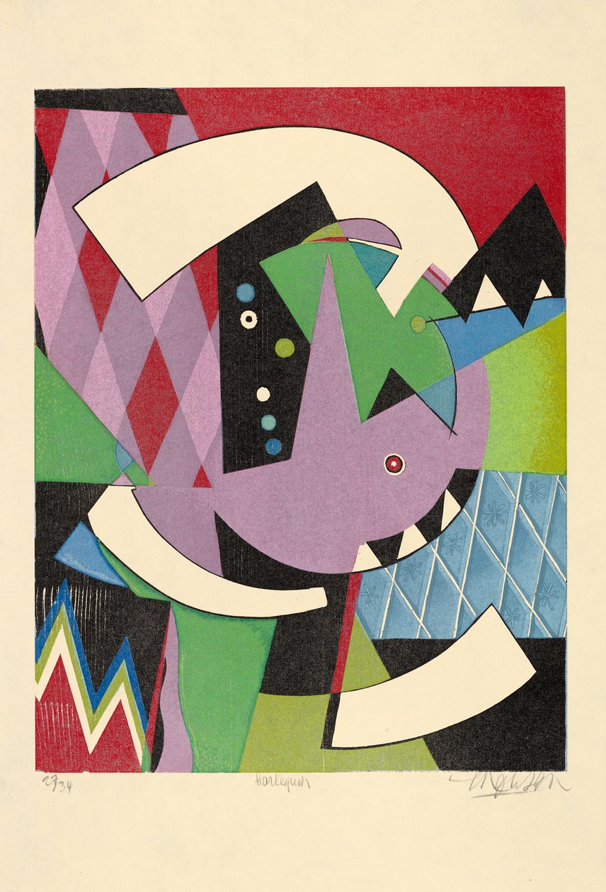 Harlequin, 2017 (woodcut) alkotó: Jim Monson
