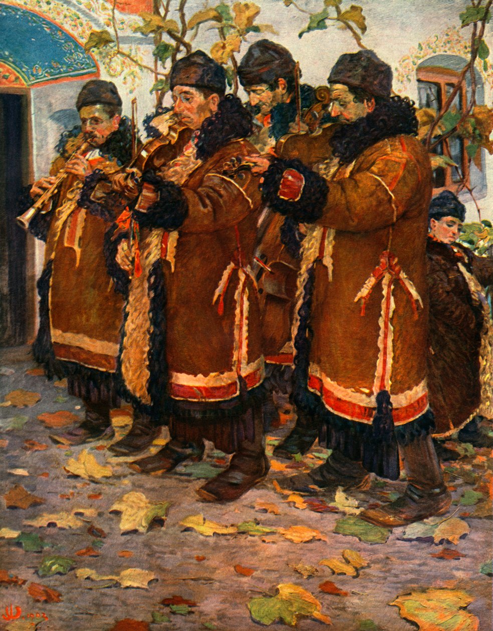 Hroznovà Lhota zenészei: klarinét, hegedű és nagybőgő. 1861-1940, 1948 alkotó: Joža Uprka