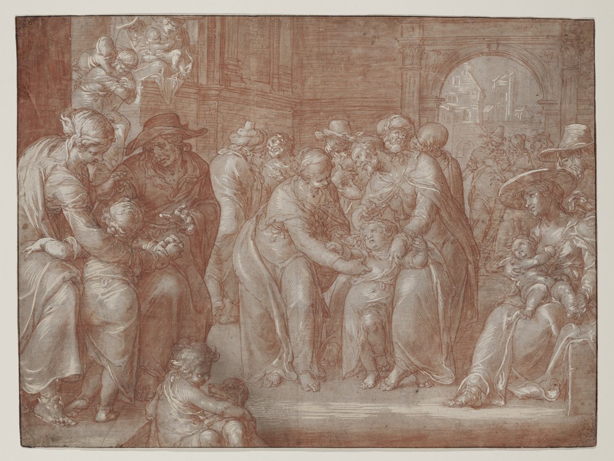 Suffer the Little Children to Come unto Me, 1621 körül (vörös kréta fekete krétára, fehérrel kiemelve, papírra) alkotó: Joachim Wtewael or Utewael