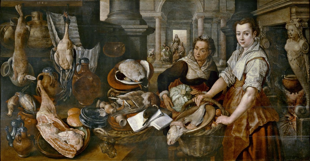 Spanyolul:  Mária: Cristo en casa de Marta y María Krisztus Márta és Mária otthonában. alkotó: Joachim Beuckelaer