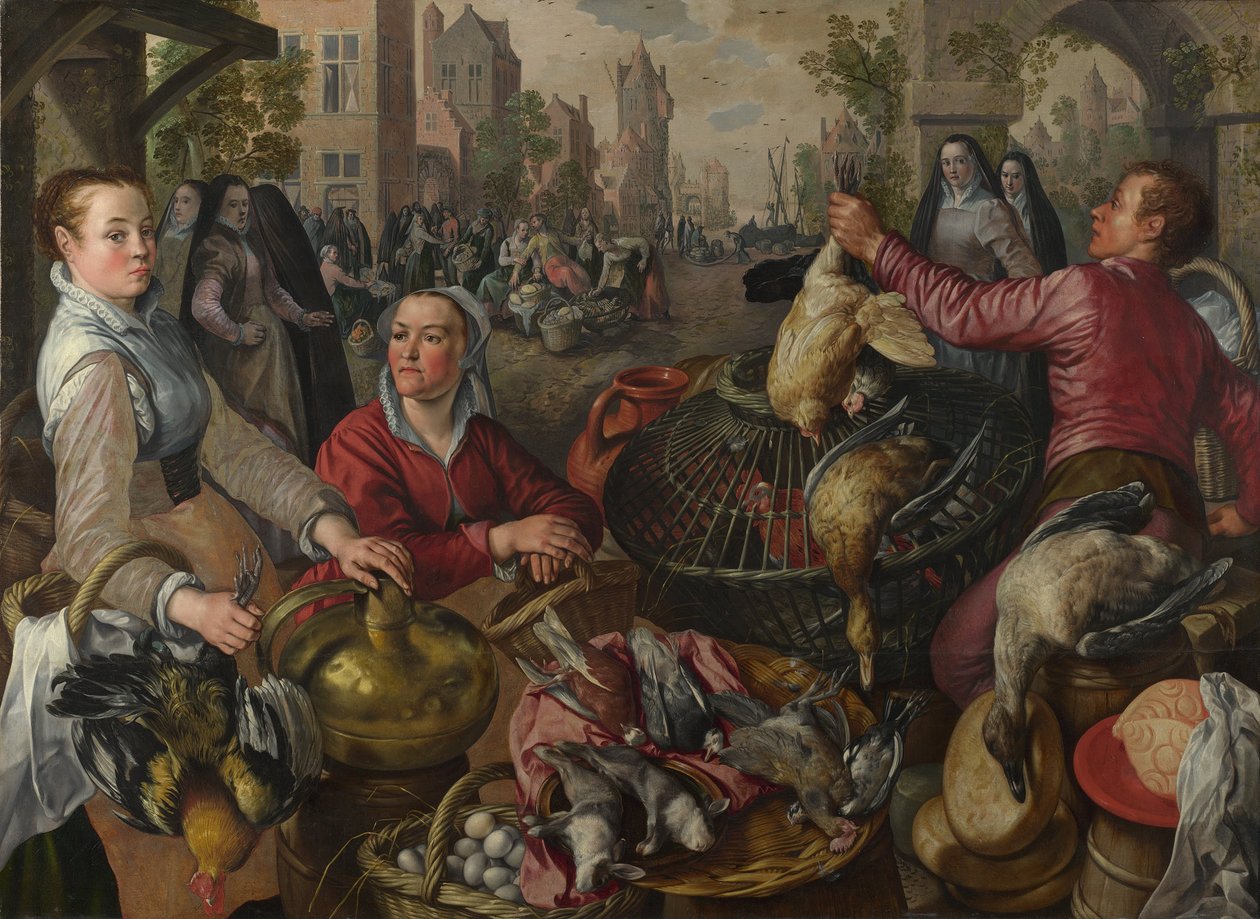 A négy elem: levegő. Baromfipiac a tékozló fiúval a háttérben, 1569 alkotó: Joachim Beuckelaer