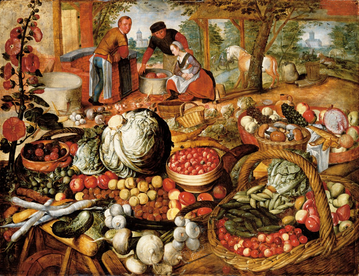 Zöldségboltos bódé, azon túl az Egyiptomba tartó repüléssel alkotó: Joachim Beuckelaer