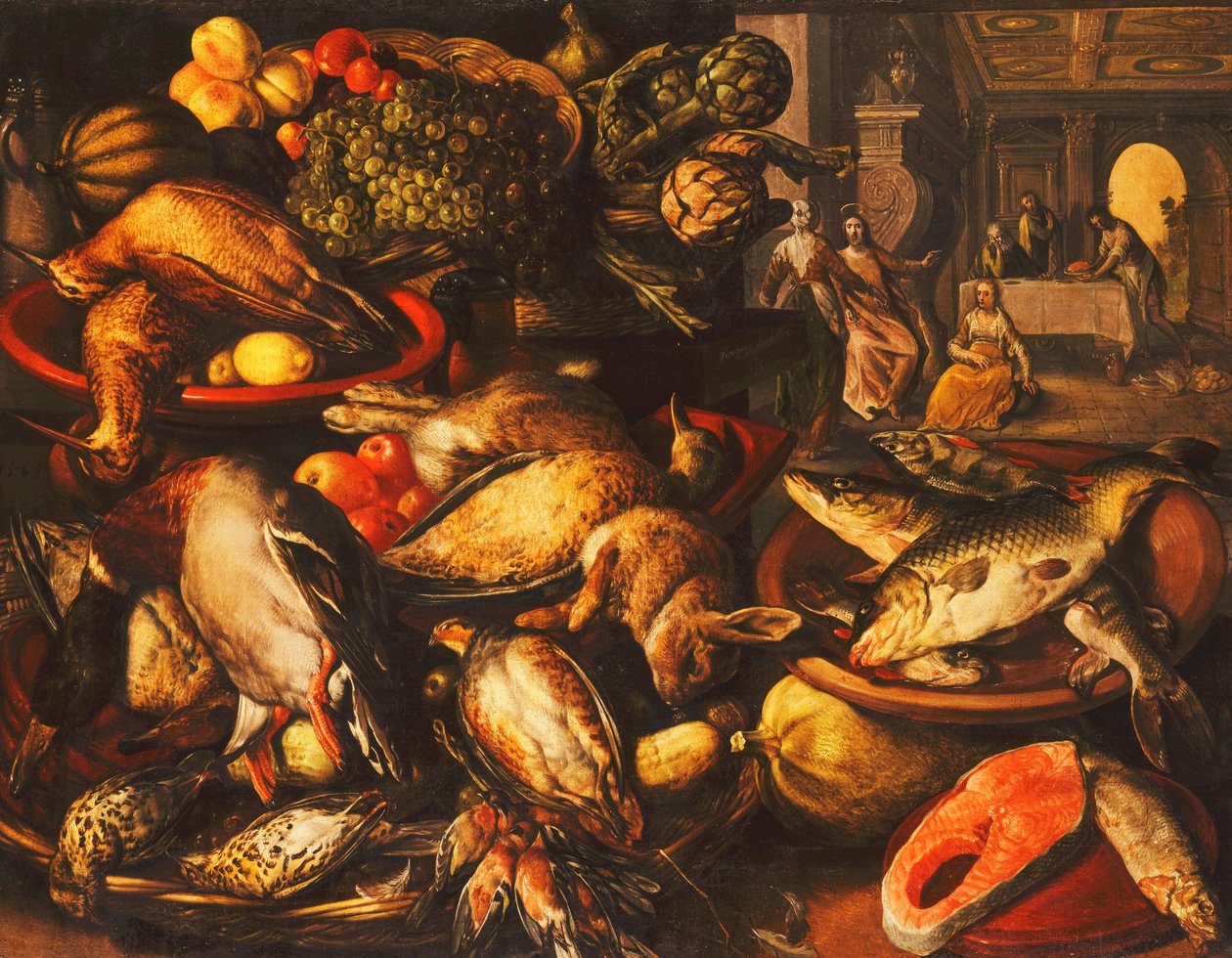 Vadak, halak, gyümölcsök és zöldségek kosarakban és tálakban egy éléskamrában, 1569 alkotó: Joachim Beuckelaer
