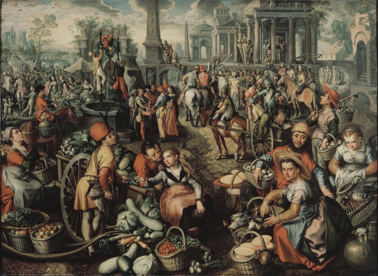 Piaci jelenet: Ecce Homo, a zászlózás és a kereszthordozás, 1561 alkotó: Joachim Beuckelaer