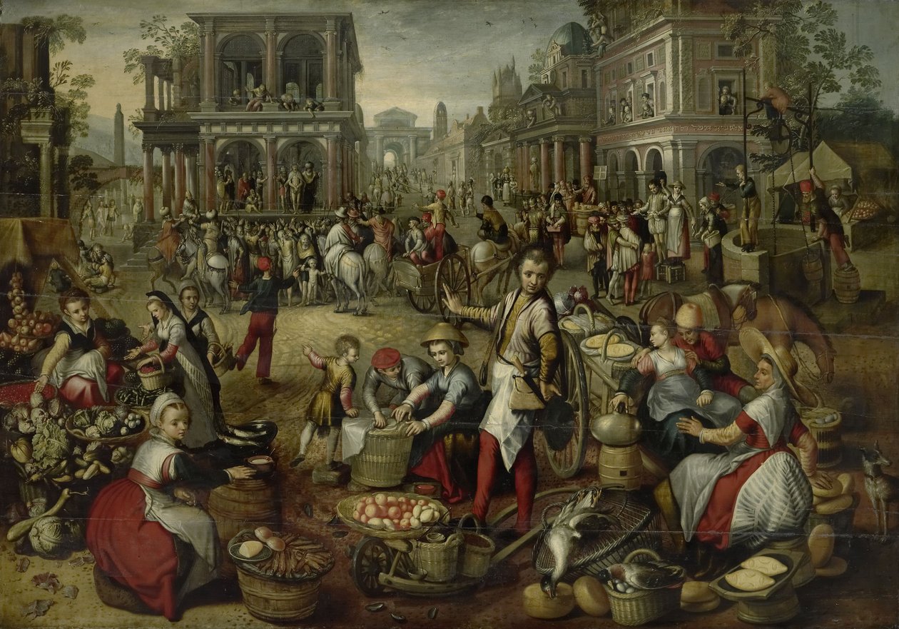 Piactér, a zászlózás, az Ecce Homo és a kereszthordozás a háttérben, 1550-90 alkotó: Joachim Beuckelaer