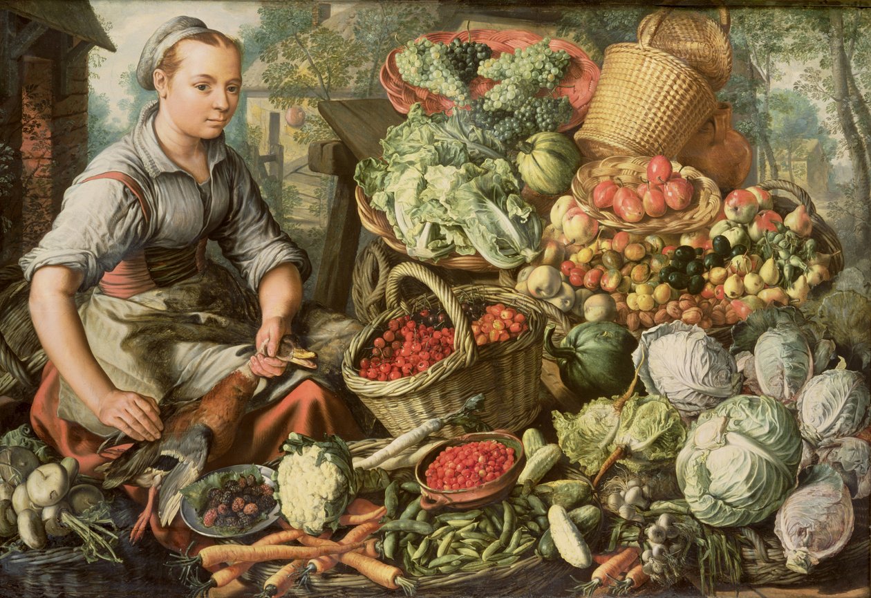 Csendélet gyümölccsel, zöldséggel és piaci nővel, 1564 alkotó: Joachim Beuckelaer