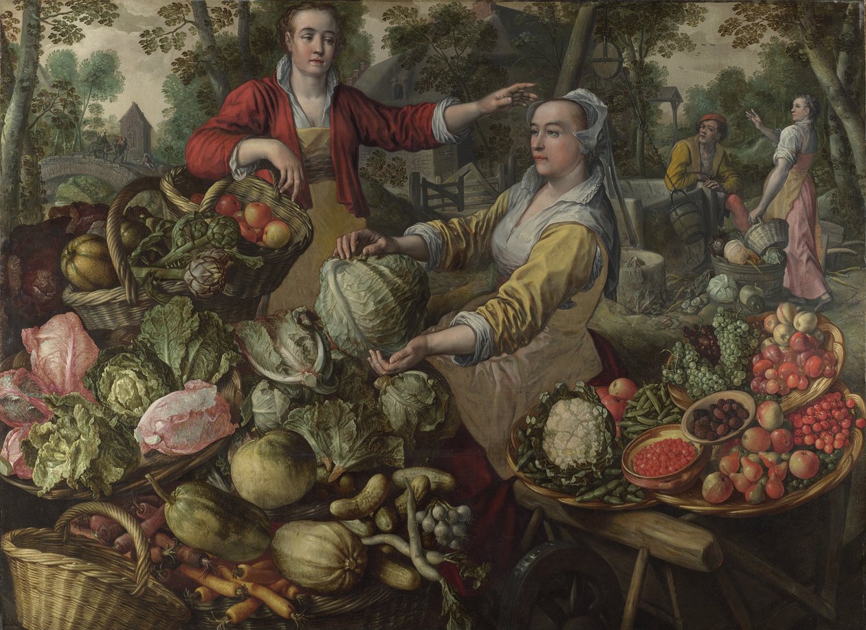 A négy elem: Föld. Zöldség-gyümölcs piac az egyiptomi repüléssel a háttérben – Beuckelaer (Beuckelaer), Joachim (1533-1574) – 1569 National Gallery, London alkotó: Joachim Beuckelaer