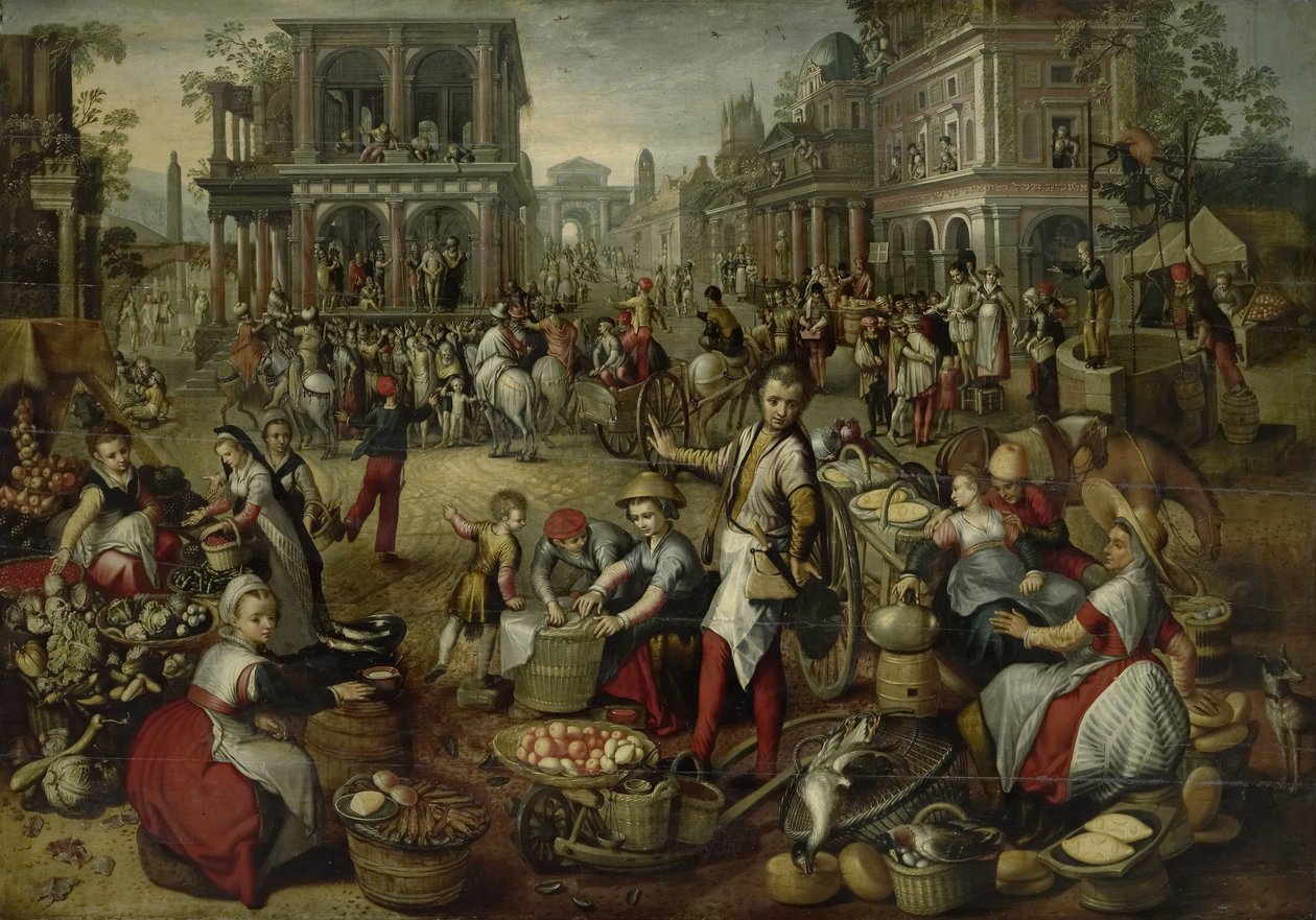 Piactér, a Lobogózás, az Ecce Homo és a Kereszthordozás a háttérben alkotó: Joachim Bueckelaer (copy after)