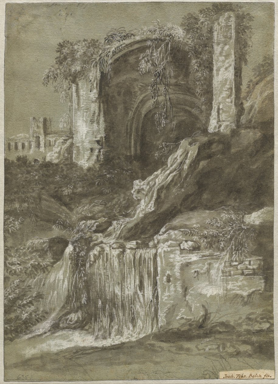 Vízesés romokkal (fordítva) alkotó: Joachim Franz Beich