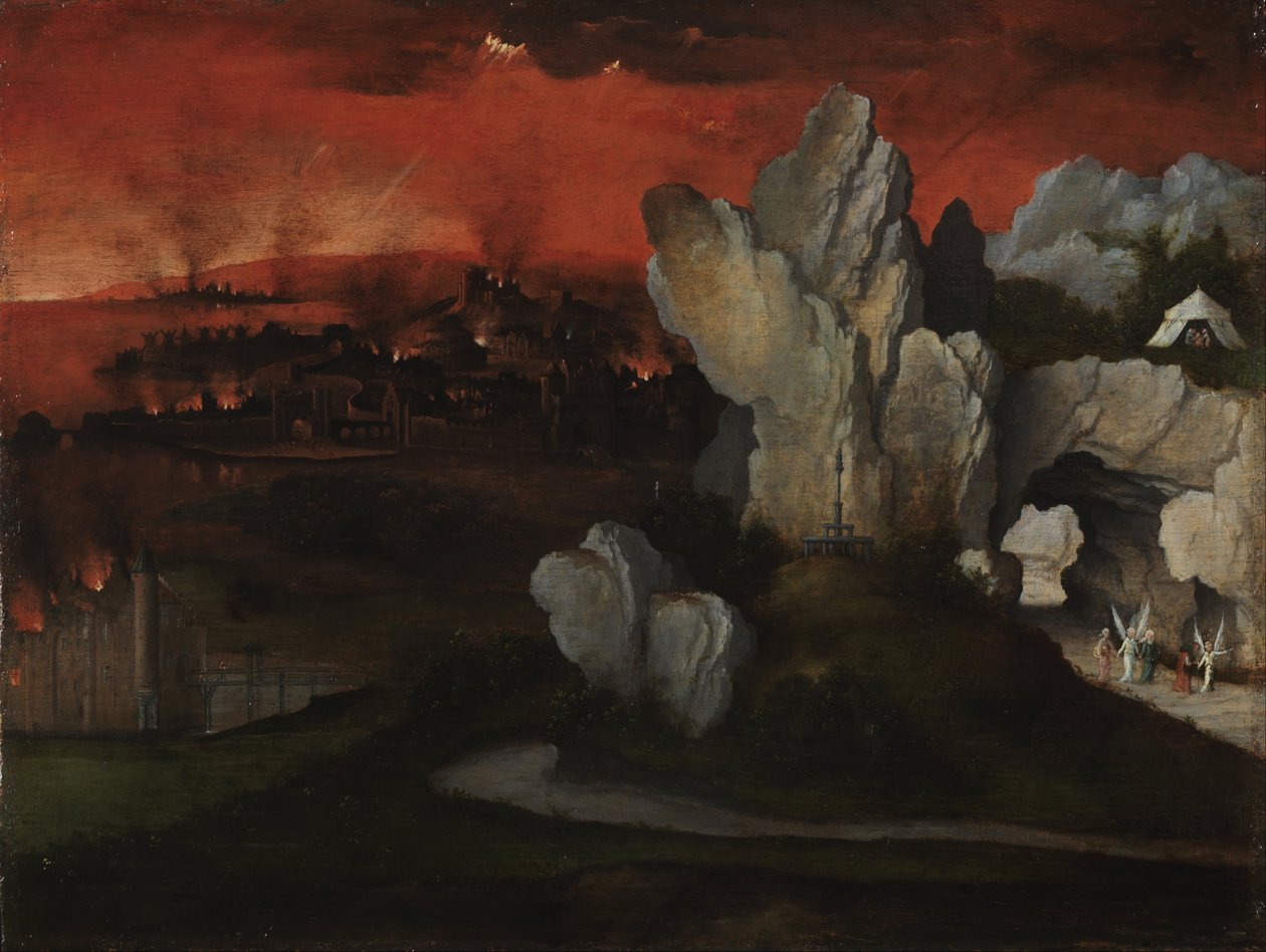 Tájkép Szodoma és Gomorra pusztulásával, 1520 körül (olaj, tábla) alkotó: Joachim Patinir