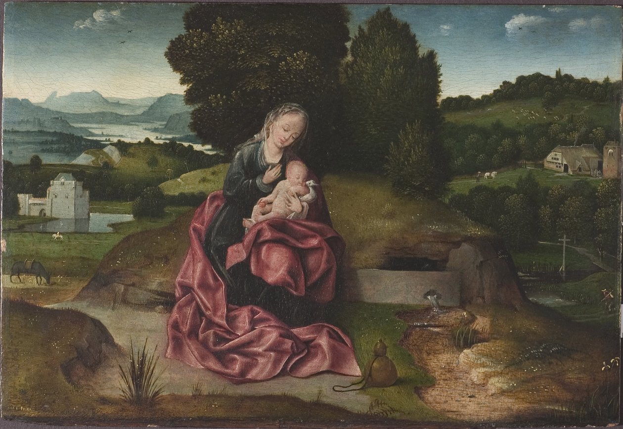 Rest on the Flight to Egypt – The Rest on the Flight to Egypt, Patinier (Patenier, Patinir), Joachim (kb. 1480-1524). Olaj, fa. Mérete: 21,5x31 cm. Nemzeti Múzeum Stockholm alkotó: Joachim Patinir