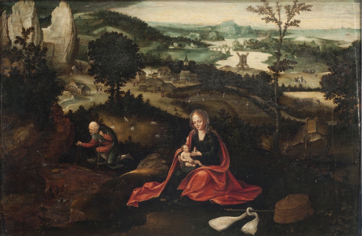 A pihenés az egyiptomi menekülésen (olaj, tábla) alkotó: Joachim Patinir