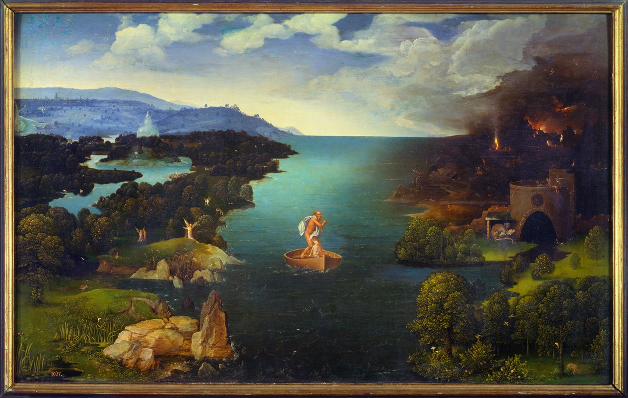 A Styx Charon (Caron) áthaladása a hajóján az alvilágban. Joachim Patinir (korcsolyázó) (1485-1524) festménye (ec.flam.) V 0,64x1,03 m Madrid, musee du prado alkotó: Joachim Patinir