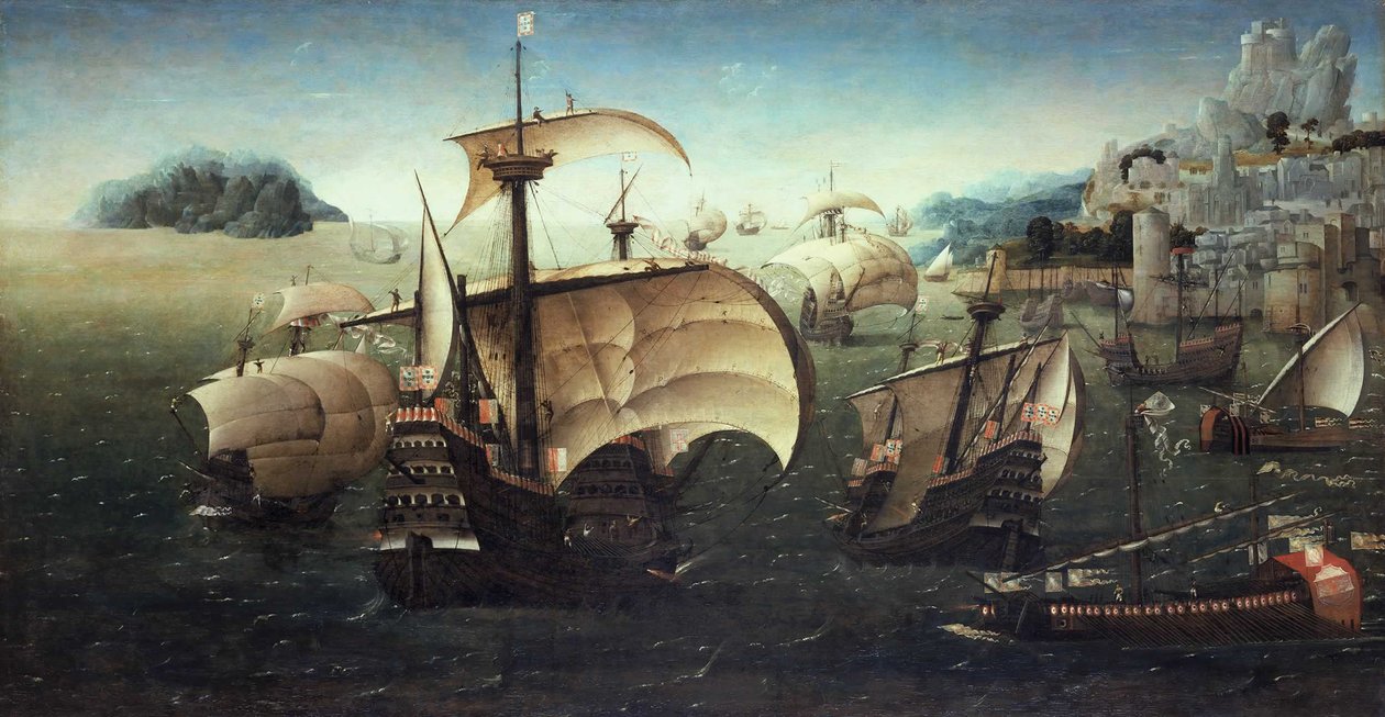 Portugál Carracks egy sziklás part mellett, 1540 körül alkotó: Joachim Patinir follower of