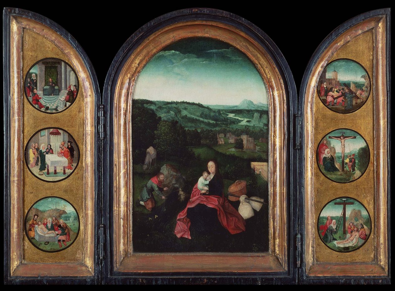 Pihenés az egyiptomi repülésen Triptichon, 1515 körül alkotó: Joachim Patinir follower of