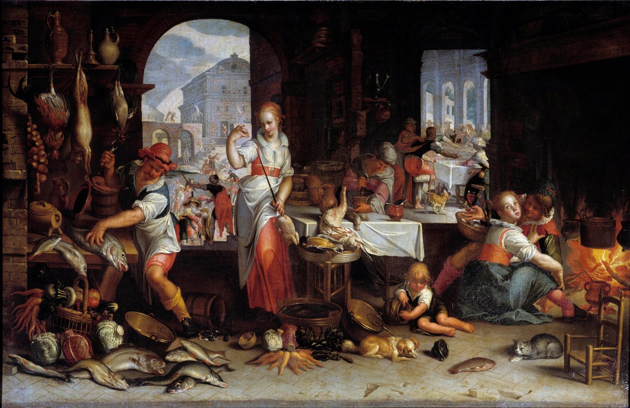 Egy nő csirkét forgat egy étellel teli konyhában. Joachim Wtewael (1556-1638) festménye V. 0,63x1 m alkotó: Joachim Wtewael or Utewael