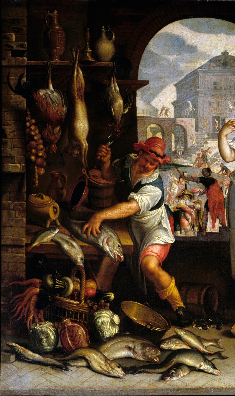 A „” Konyhai jelenet az ünnep példázatával” részlete. Egy férfi halat készít. Joachim Wtewael (1556-1638) festménye V. 0,63x1 m Párizs, Musee du Louvre. alkotó: Joachim Wtewael or Utewael