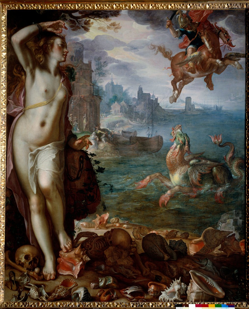 Persee megmenti a sziklára láncolt Andromédát A hősök felmásznak Pegase-ra, harcolnak egy tengeri szörnyeteggel. Joachim Wtewael (1566-1638) festménye (Ec. Hol.) 1611 V. 1,8x1,5 m alkotó: Joachim Wtewael or Utewael