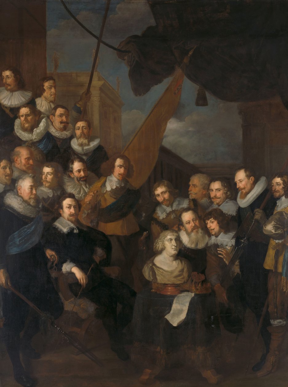 Amszterdam XIX. kerületének tisztjei és más polgárőrei Cornelis Bicker kapitány és Frederick van Banchem hadnagy parancsnoksága alatt Marie de Médicis fogadására várnak, 1638. szeptember 1. alkotó: Joachim von Sandrart (I)