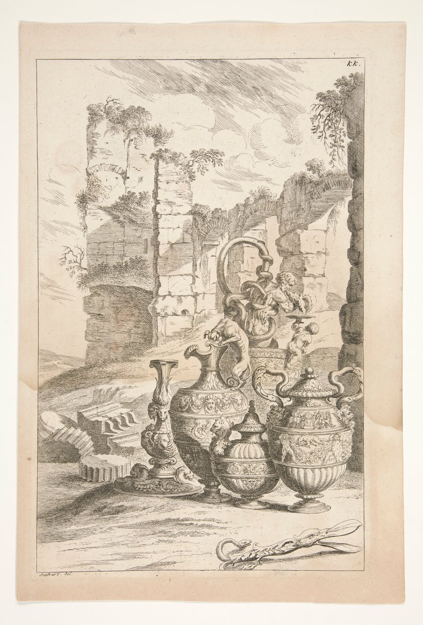 Egy gyertyatartó és fogantyús díszeperek romokkal teli tájon, a Sculpturae Veteris Admirata-tól alkotó: Joachim von Sandrart