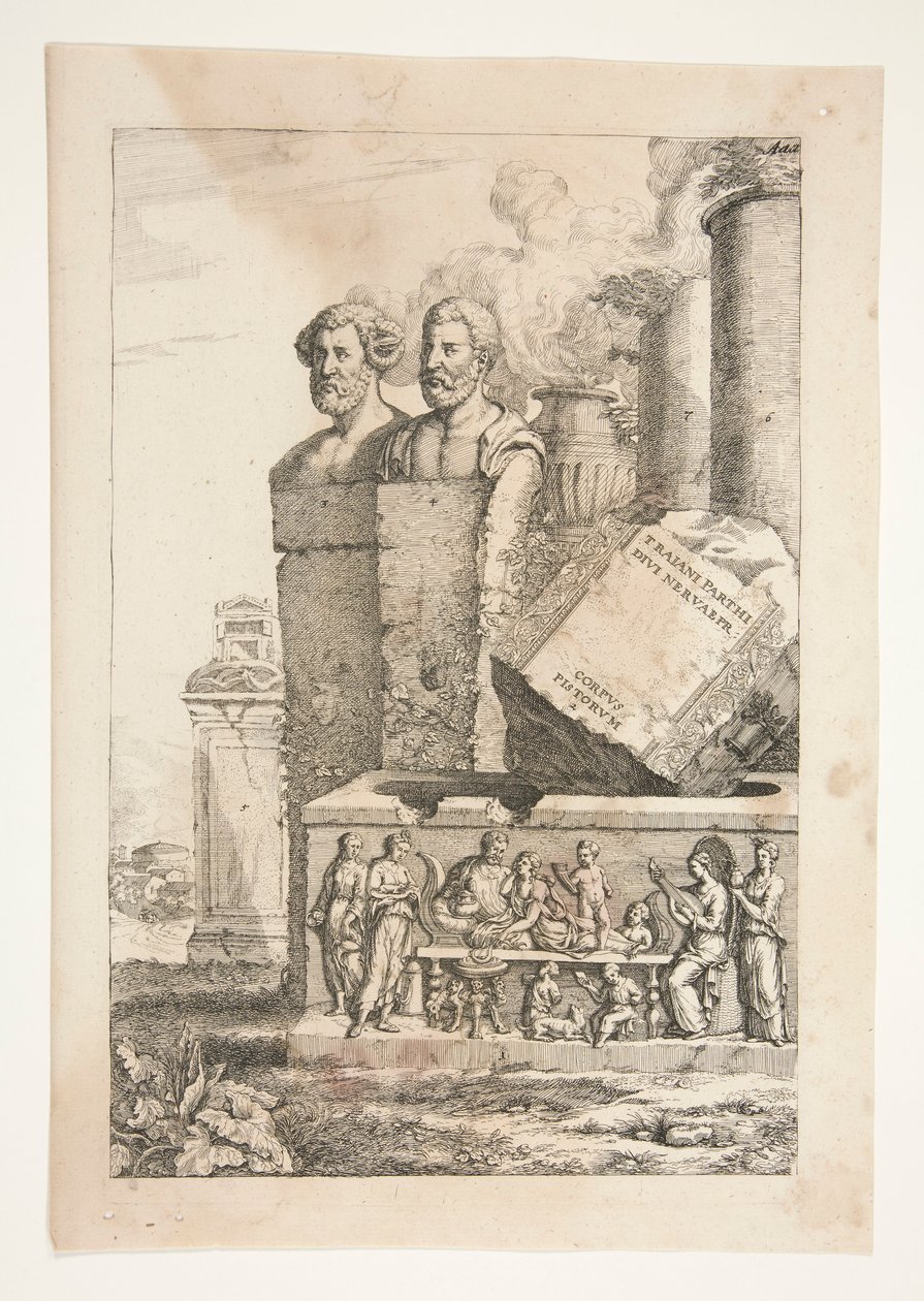 Portré mellszobrok, oszlopok, füstölő urna és egy dombormű alkotó: Joachim von Sandrart