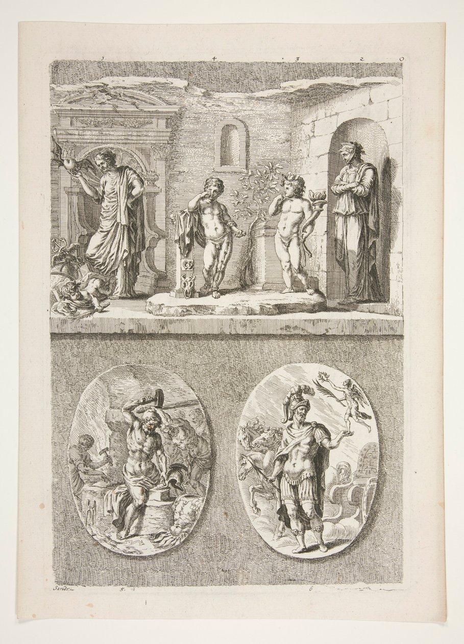 felső fele: Négy antik szobor alsó fele: Vulkán kovácsa és Egy győztes római tábornok alkotó: Joachim von Sandrart