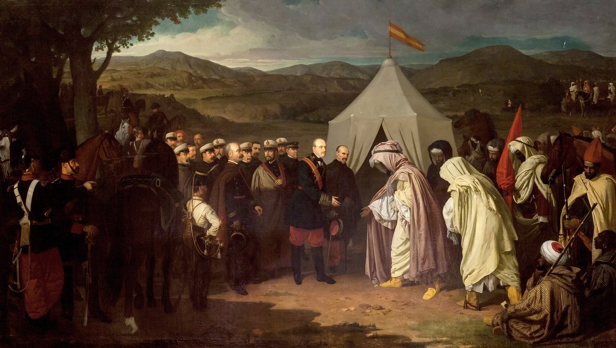 Az afrikai háború - Első marokkói háború vagy tetouáni háború - Spanyolország és Marokkó között - Wad-Ras-i Szerződés (Wad Ras-i Szerződés) 1859 - Joaquin Dominguez Becquer festménye - Ayuntamiento de Sevilla alkotó: Joachin Dominguez Becquer