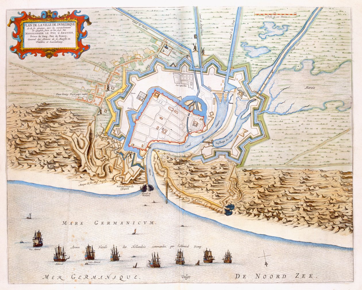Dunkerque városa a spanyol uralom idején: a part menti védműveket, a várat és a bástya erődítményeit bemutató terv, 1649 (kézzel színezett metszet) alkotó: Joan Blaeu