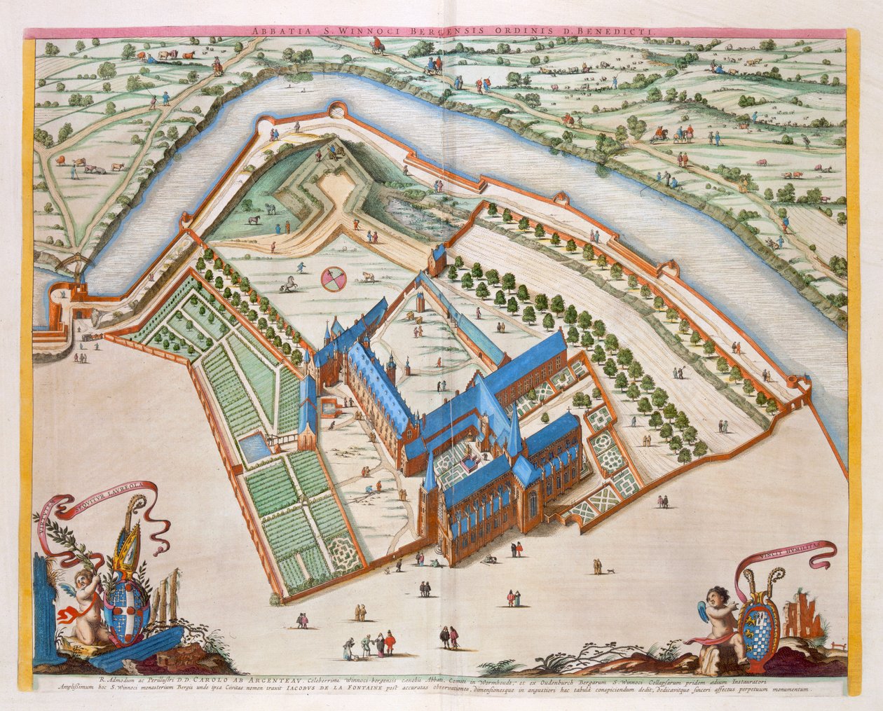St Winnock Bencés Apátság, Bergen, Hollandia, 1649 (kézzel színezett metszet) alkotó: Joan Blaeu