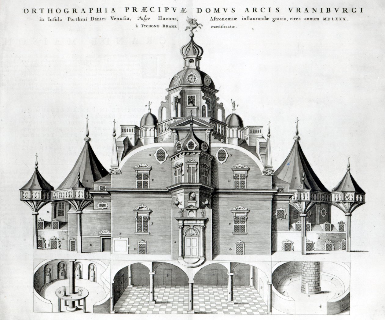 Tycho Brahe Uraniborg csillagvizsgálója Joan Blaeu "Atlas Major" című művéből, 1663. alkotó: Joan Blaeu