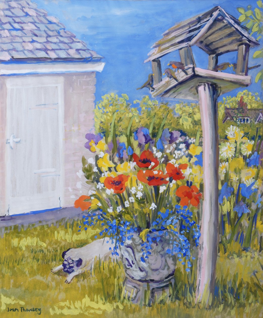 Házi kert madárházzal és mopszsal, 2011, gouache alkotó: Joan Thewsey