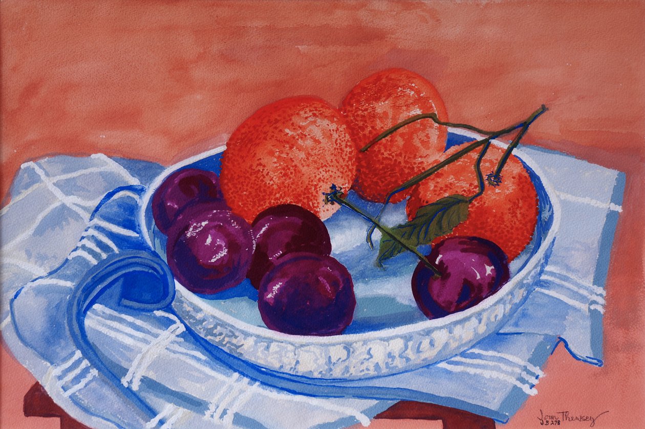 Szilva és mandarin egy edényben, 2013, gouache. alkotó: Joan Thewsey