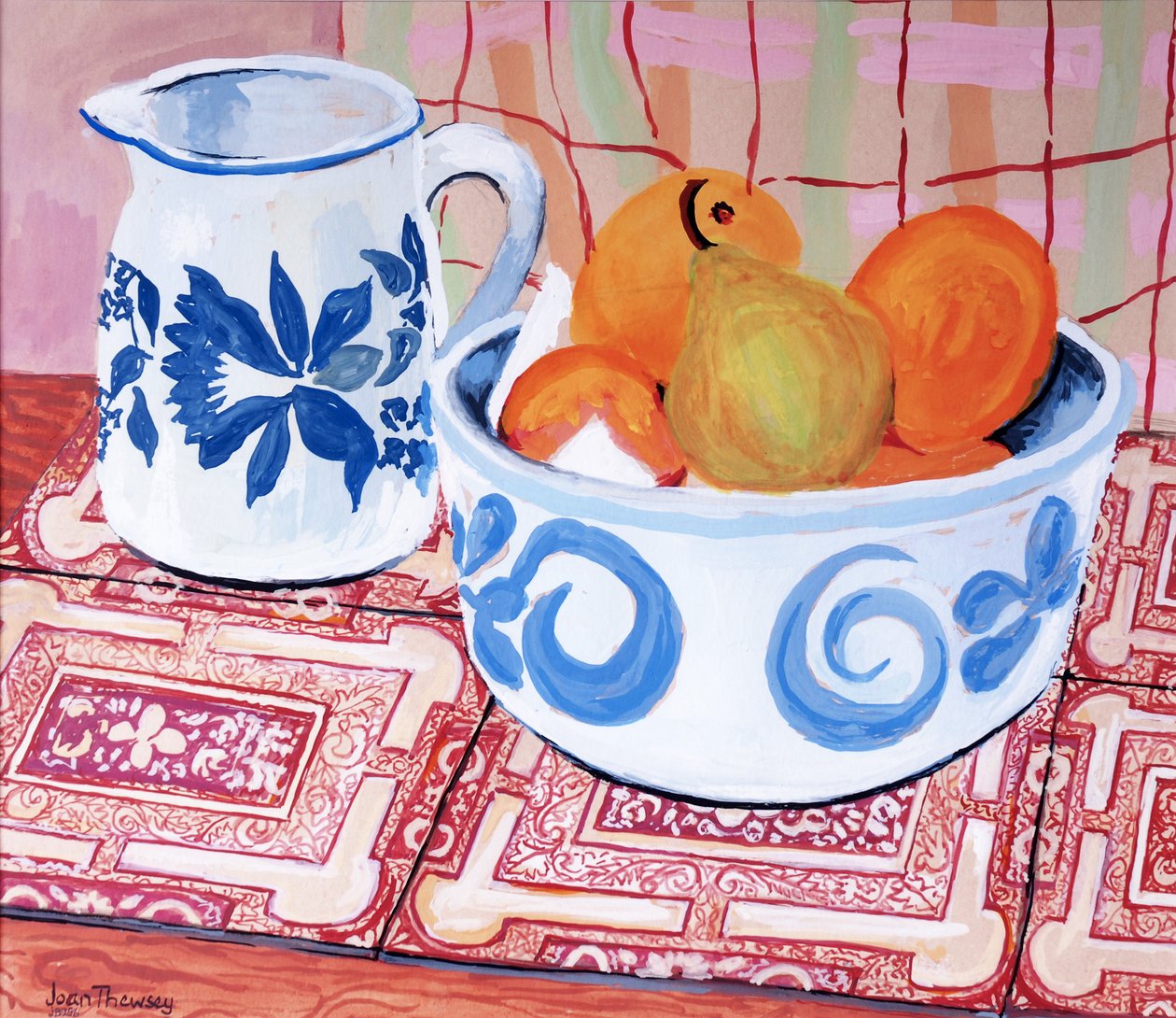Csendélet; Kék-fehér tál és kancsó; Gouache alkotó: Joan Thewsey