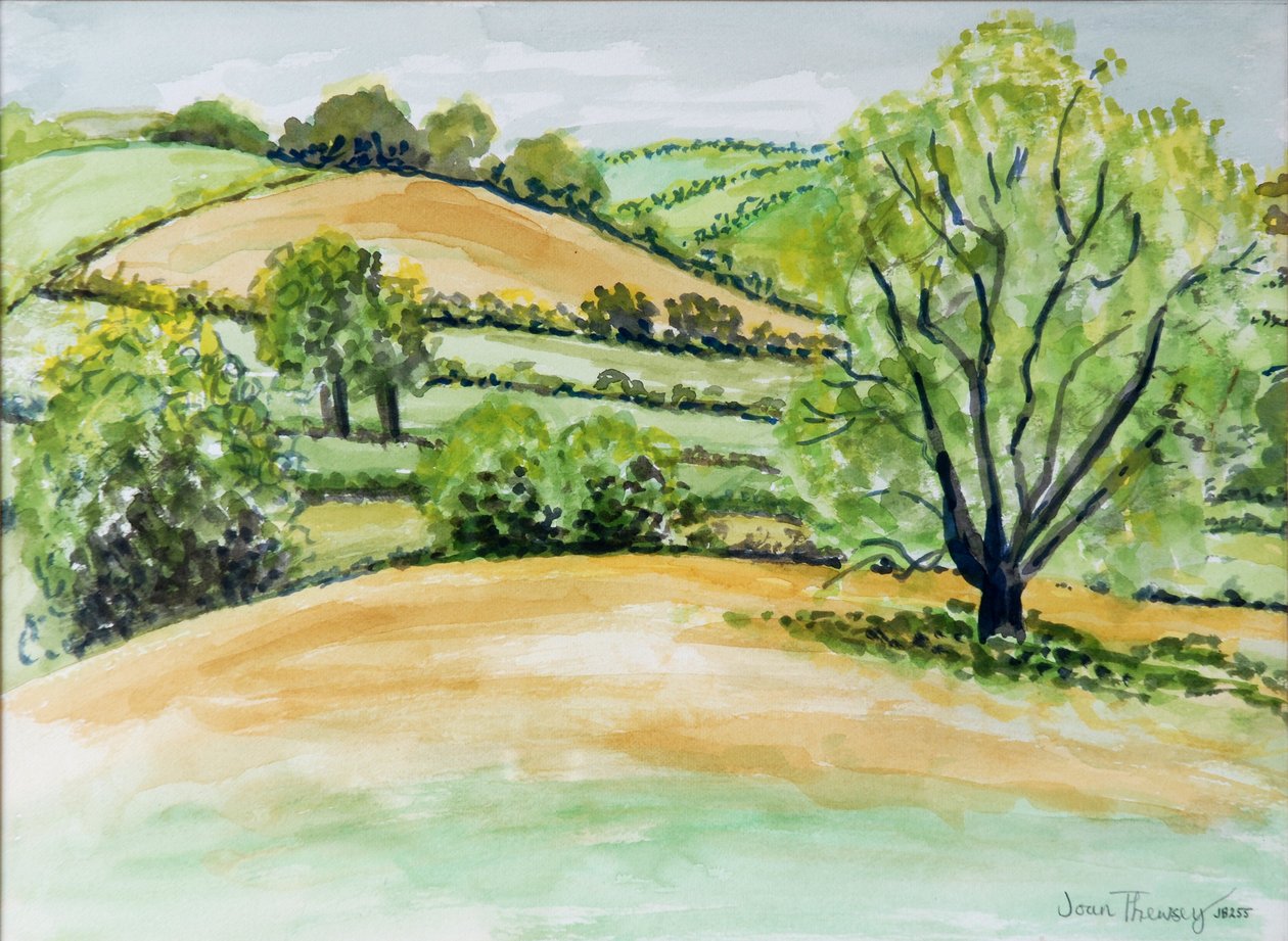 Suffolki táj, kilátás a Dalham templomból, 2011, akvarell alkotó: Joan Thewsey