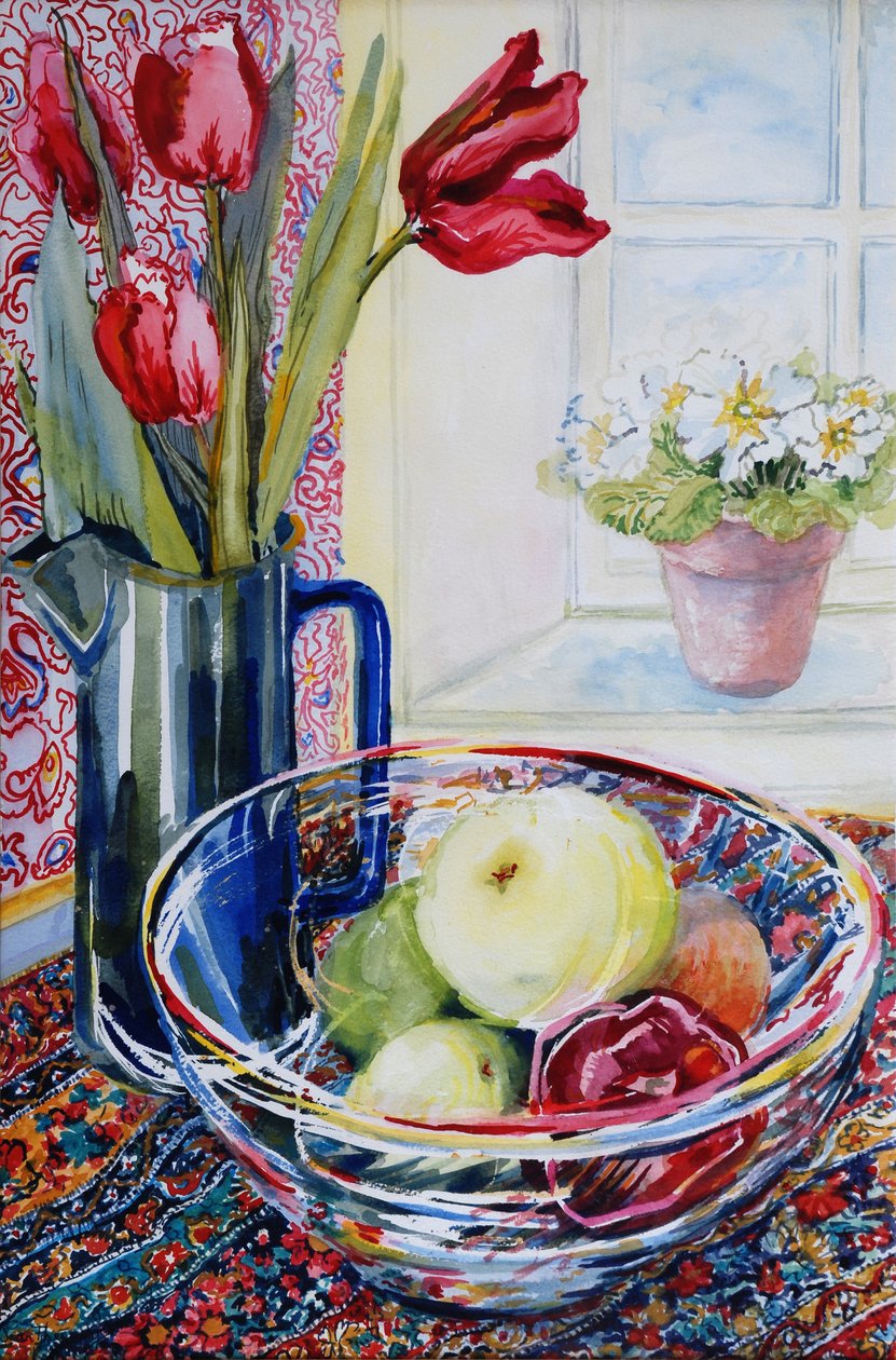 Tulipánok kancsóban, üvegtállal 2003 alkotó: Joan Thewsey