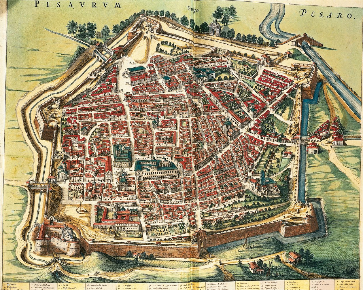 Olaszország, Pesaro térképe, Joan Blaeu város és Olaszország csodái színházából, metszet alkotó: Joan Blaeu