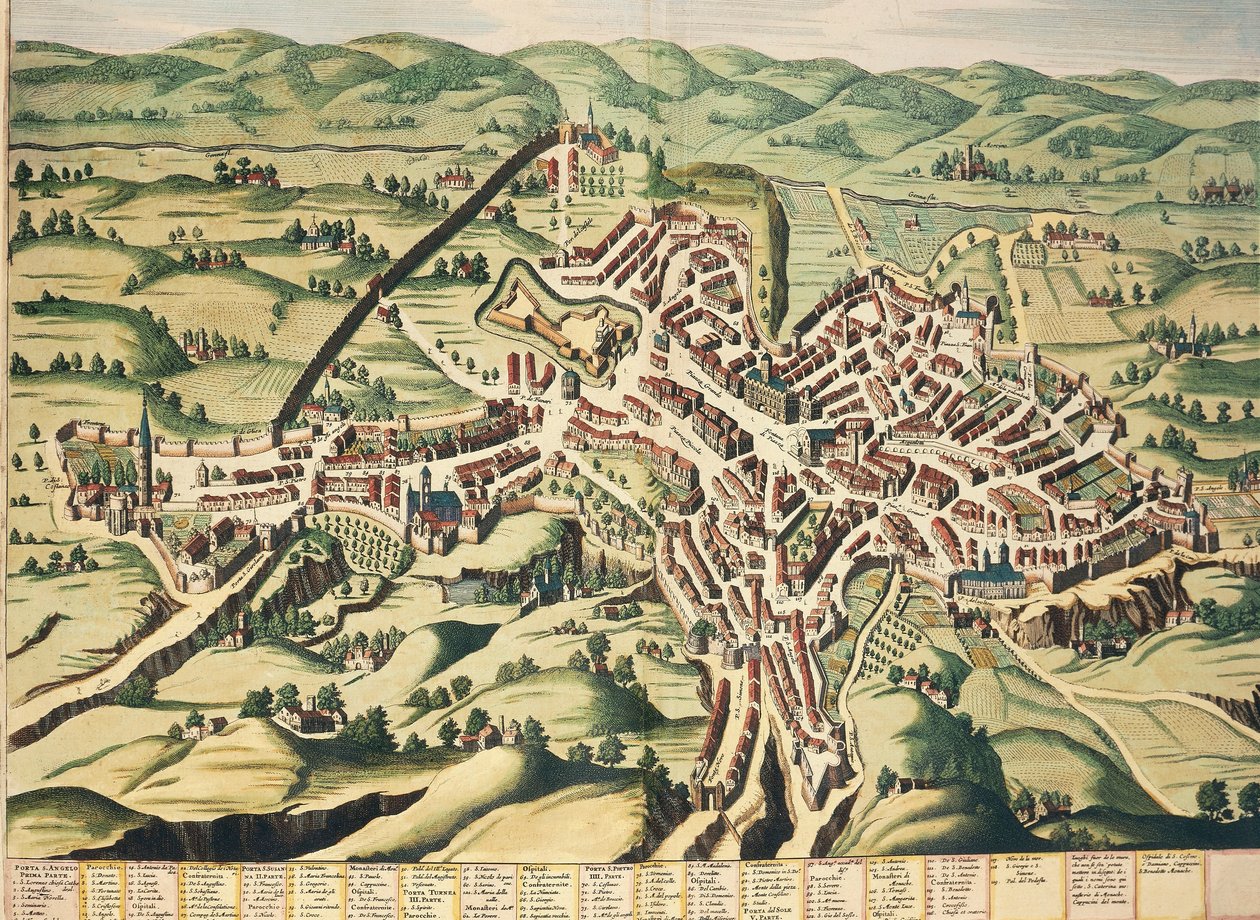 Olaszország, Perugia, Umbria, térkép, metszet az Egyesült Államok Színházából és Olaszország csodái, Joan Blaeu alkotó: Joan Blaeu