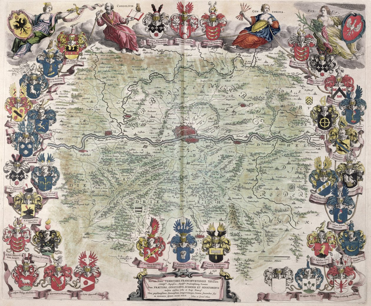 Frankfurt és környéke térképe, a "Nova Hanc Territori Francofurtensis Tabulum" című 1649-es kiadványból. alkotó: Joan Blaeu