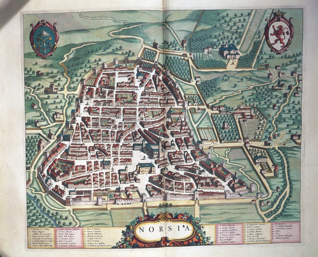Norcia térképe, Olaszország városainak és csodáinak színházából, Joan Blaeu, metszet alkotó: Joan Blaeu