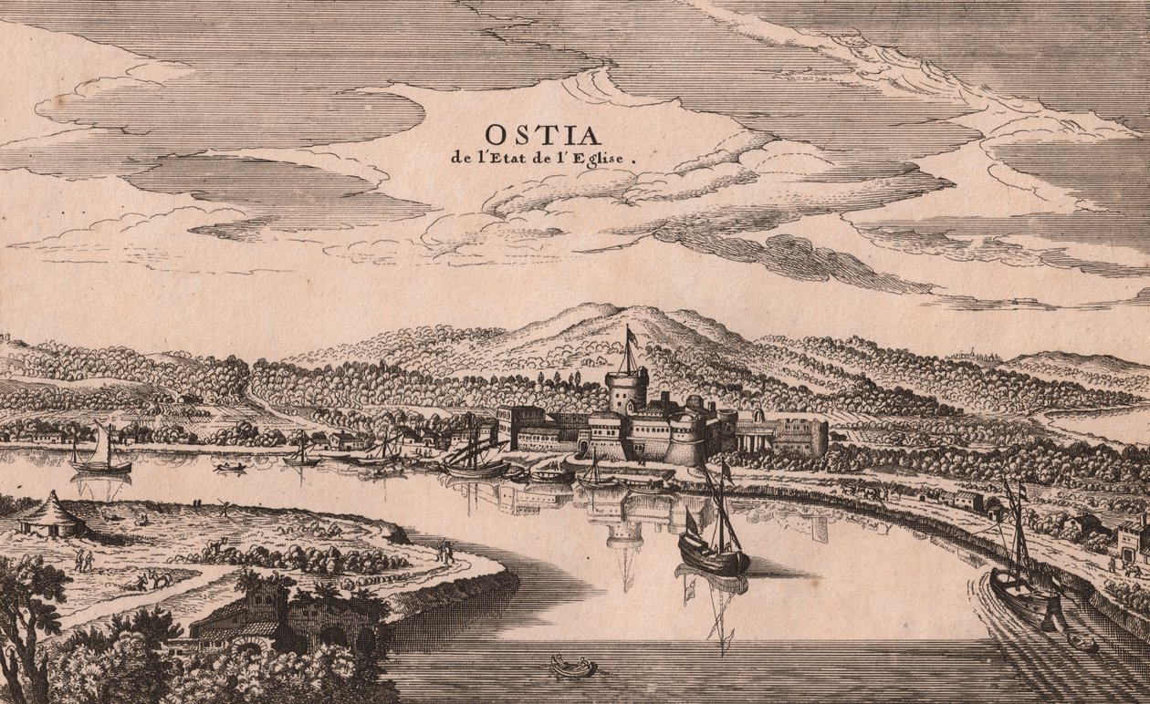 Ostia városának és kikötőjének perspektivikus képe, Lazio, Olaszország, rézmetszet, kb 278x173 cm alkotó: Joan Blaeu