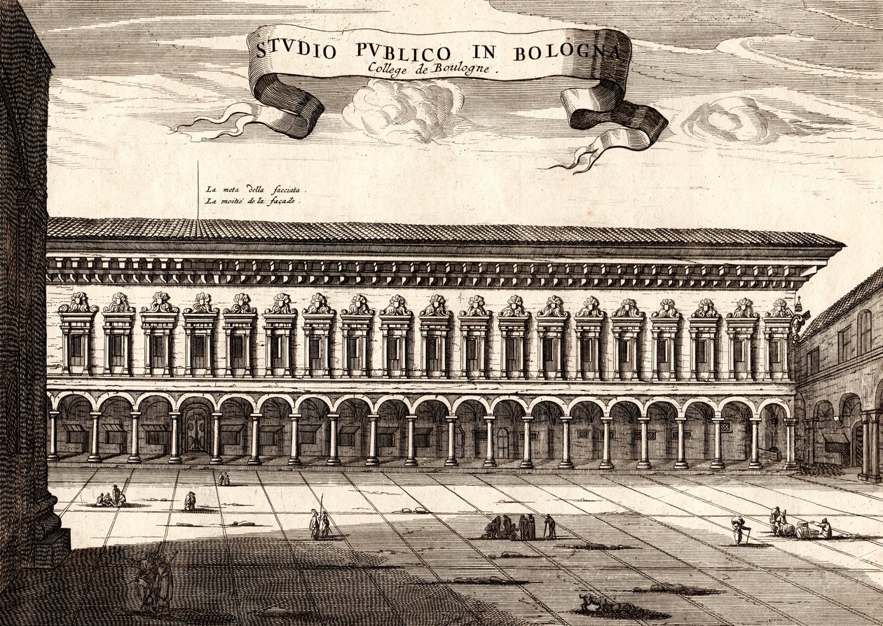 Archiginnasio palota, Bologna, Emilia-Romagna, Olaszország, rézmetszet, kb 21x29 cm alkotó: Joan Blaeu