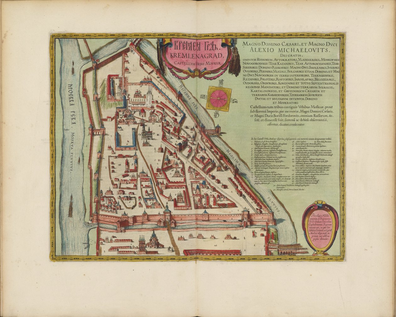 századi moszkvai Kreml-térkép (Castellum Urbis Moskvae), 1600 körül (metszet és akvarell) alkotó: Joan Blaeu