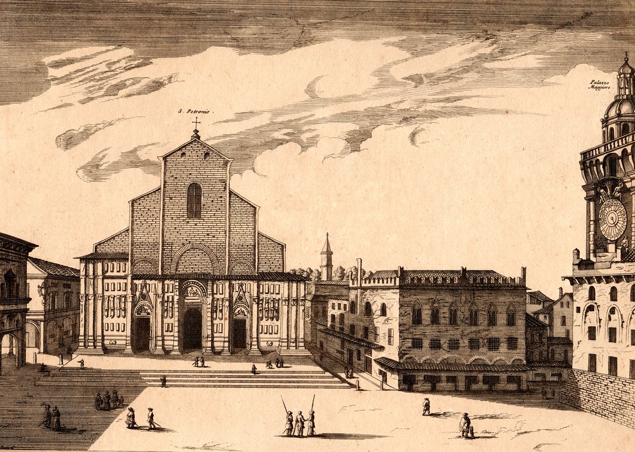 A San Petronio-bazilika a Piazza Maggiore-ban, Bologna, Emilia-Romagna, Olaszország, rézmetszet, kb 21x29 cm alkotó: Joan Blaeu