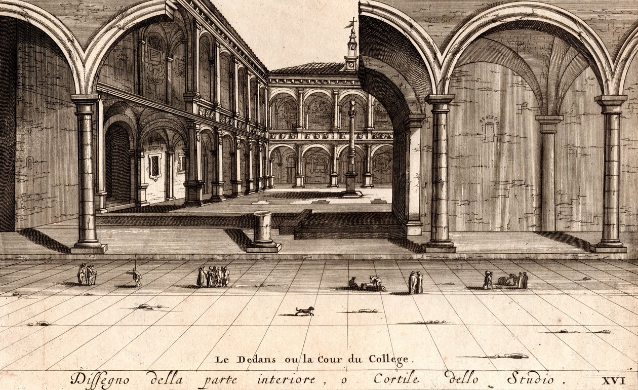 Archiginnasio palota belső udvara, Bologna, Emilia-Romagna, Olaszország, rézmetszet, kb 21x29 cm alkotó: Joan Blaeu