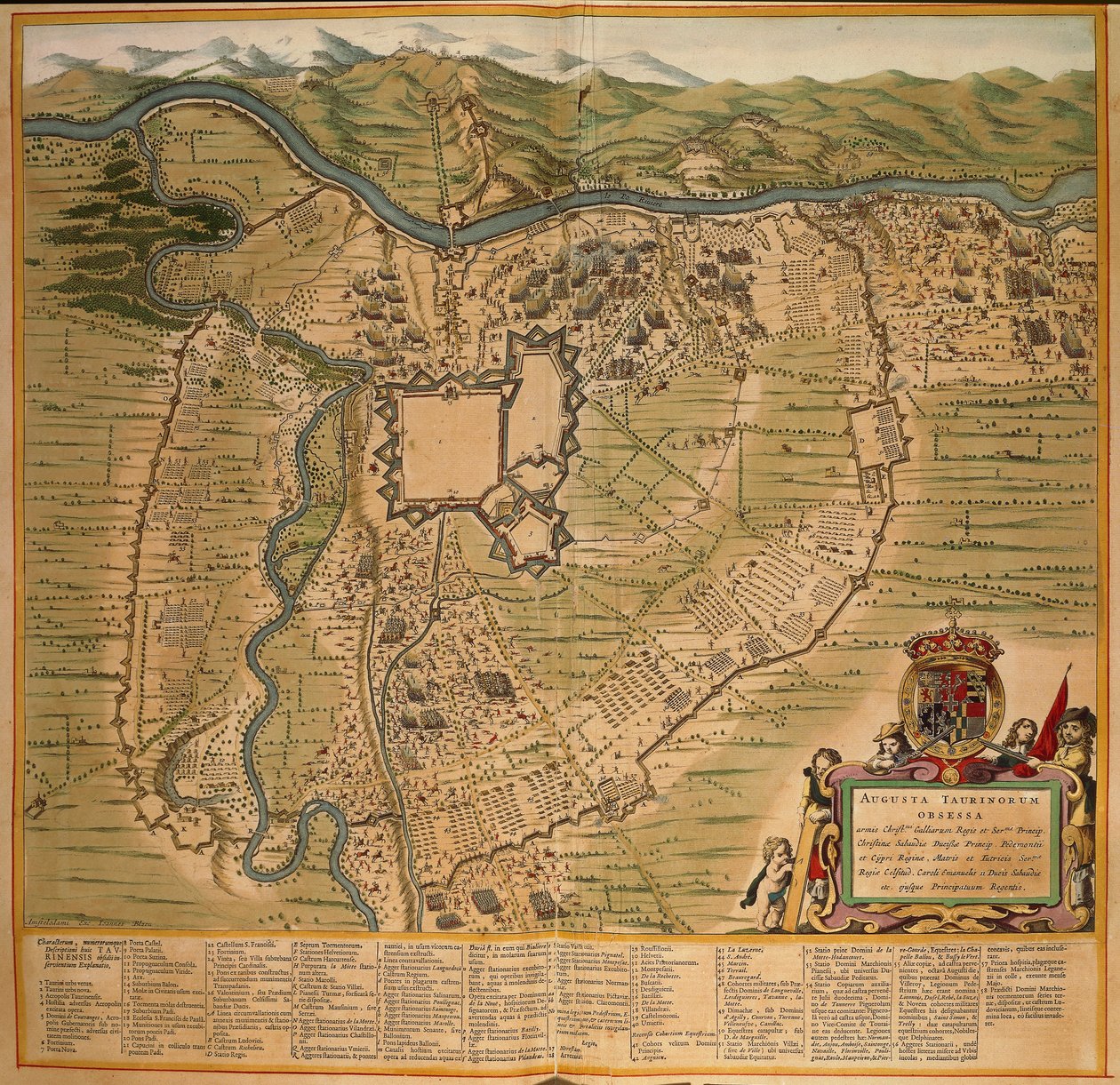 Torino ostroma 1639-ben, Joan Blaeu színes metszete a Sabaudiae Színházból, Olaszországban nyomtatva alkotó: Joan Blaeu