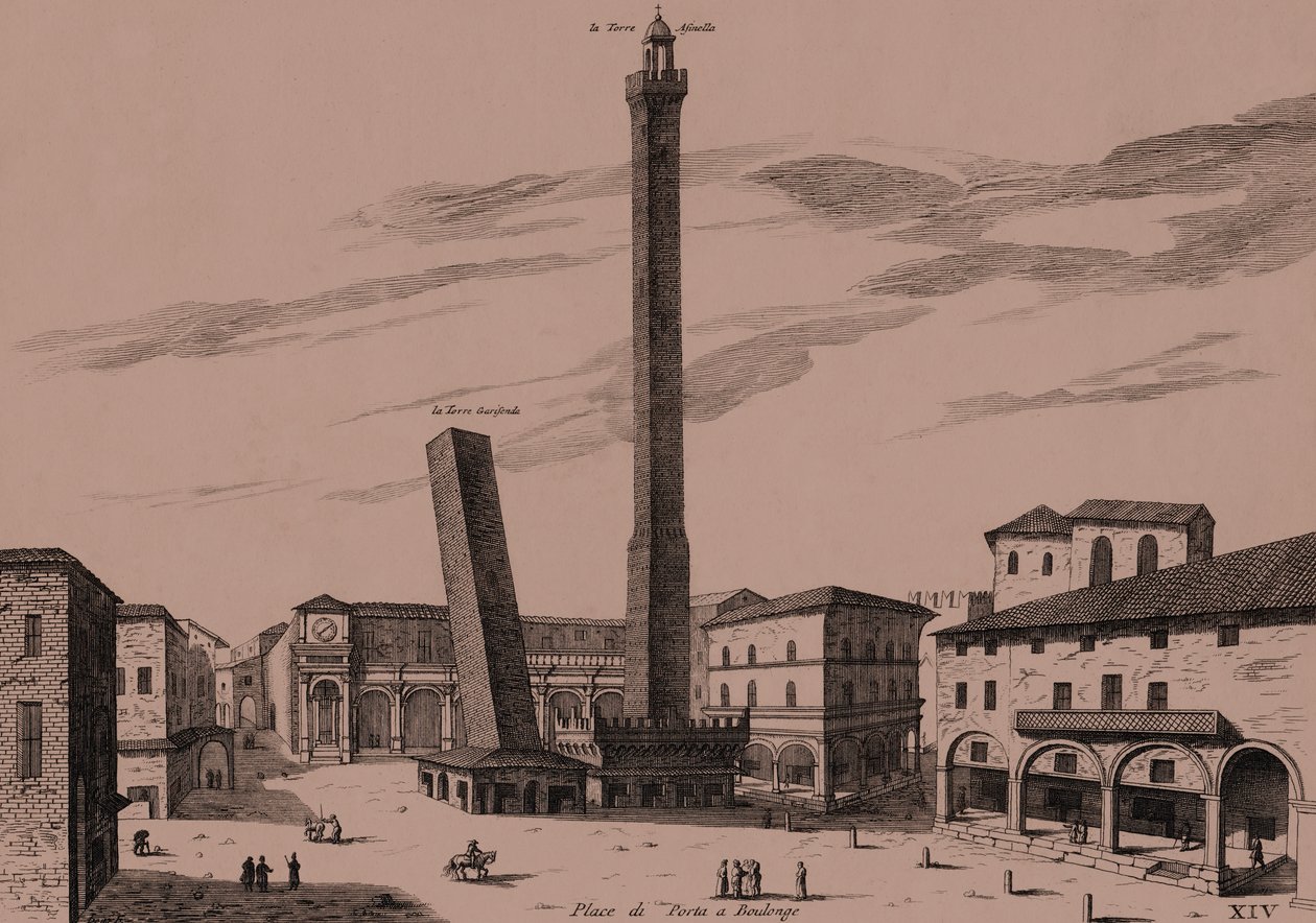 A két torony (Asinelli és Garisenda), Bologna, Bologna, Emilia-Romagna, Olaszország, rézmetszet, kb 21x29 cm alkotó: Joan Blaeu