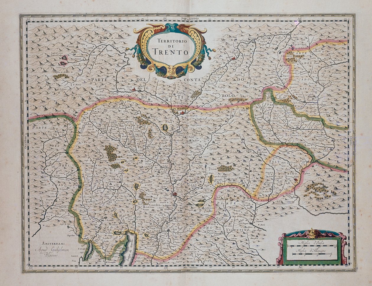 Trento környéke, Joan Blaeu (1596-1673), Olaszország, a Theatre of World vagy az összes régió térképeinek és ábrázolásainak új atlaszából (Theatrum orbis terrarum, sive, Atlas novus) alkotó: Joan Blaeu