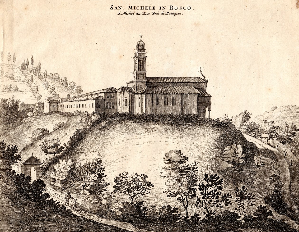 Kilátás a San Michele in Bosco kolostorra, Bologna, Emilia-Romagna, Olaszország, rézmetszet, kb 21x29 cm alkotó: Joan Blaeu